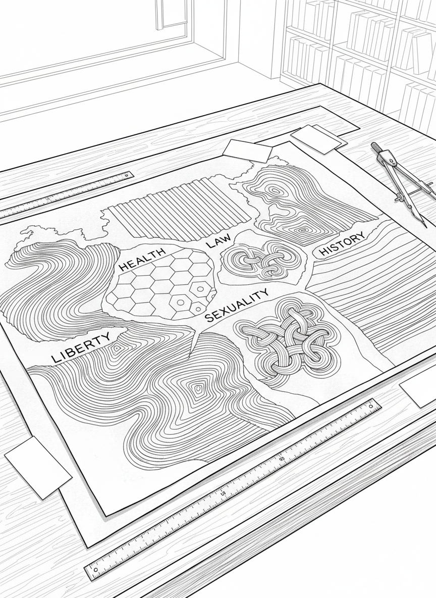 An intricate line-art representation of a conceptual “atlas of masculinism,” shown as a large unfolded map on a drafting table. The map’s surface is divided into five distinct but interconnected regions, each filled with different abstract patterns: flowing waves for liberty, interlocking hexagons for health, straight columns for law, intertwined curves for sexuality, and layered strata for history. Slim metal rulers, compasses, and index cards without text surround the map, hinting at scholarly comparison and critical analysis. The background is a spare, modern studio indicated by a few clean horizon lines and a distant outline of tall bookcases. Soft studio-style lighting is suggested by subtle line weight variation, giving depth without clutter. Framed from a three-quarter top-down view, the scene feels analytical, sophisticated, and rigorously non-ideological.