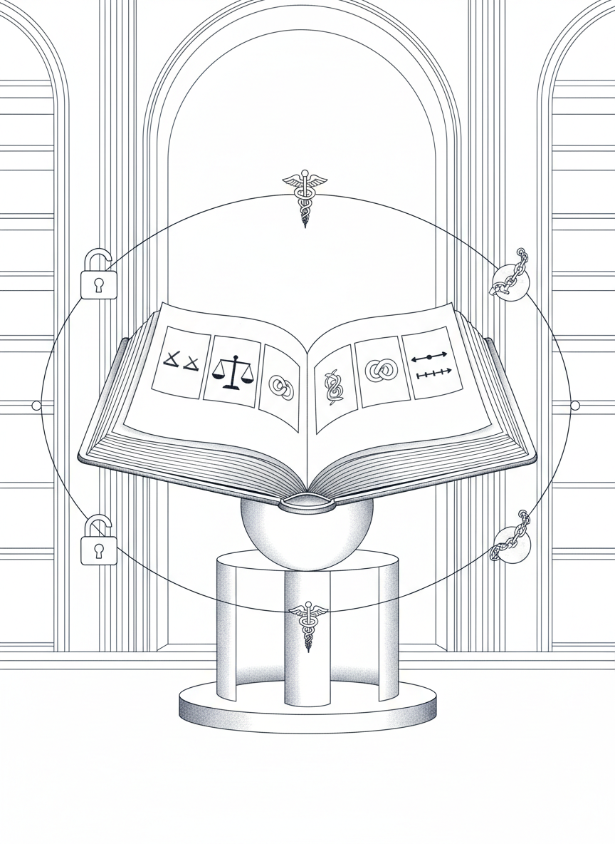 A refined line-art illustration of a large open encyclopaedia resting on a geometric pedestal, each visible page divided into five clearly separated panels symbolizing liberty, health, law, sexuality, and history. Around the book, abstract icons—an unchained lock, a balanced scale, a caduceus, an intertwined double spiral, and a stylized timeline—float in precise orbits. The scene is set in a minimalist, architectural library space suggested only by clean parallel lines and tall archways. Cool, even lighting with gentle cross-hatching defines form without shading the background. The mood is scholarly, neutral, and contemplative. Composed at eye level with the book centered and negative space above, the drawing style is elegant, precise line-art suited to an intellectual, non-partisan educational association.