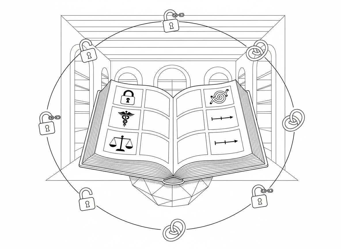 A refined line-art illustration of a large open encyclopaedia resting on a geometric pedestal, each visible page divided into five clearly separated panels symbolizing liberty, health, law, sexuality, and history. Around the book, abstract icons—an unchained lock, a balanced scale, a caduceus, an intertwined double spiral, and a stylized timeline—float in precise orbits. The scene is set in a minimalist, architectural library space suggested only by clean parallel lines and tall archways. Cool, even lighting with gentle cross-hatching defines form without shading the background. The mood is scholarly, neutral, and contemplative. Composed at eye level with the book centered and negative space above, the drawing style is elegant, precise line-art suited to an intellectual, non-partisan educational association.