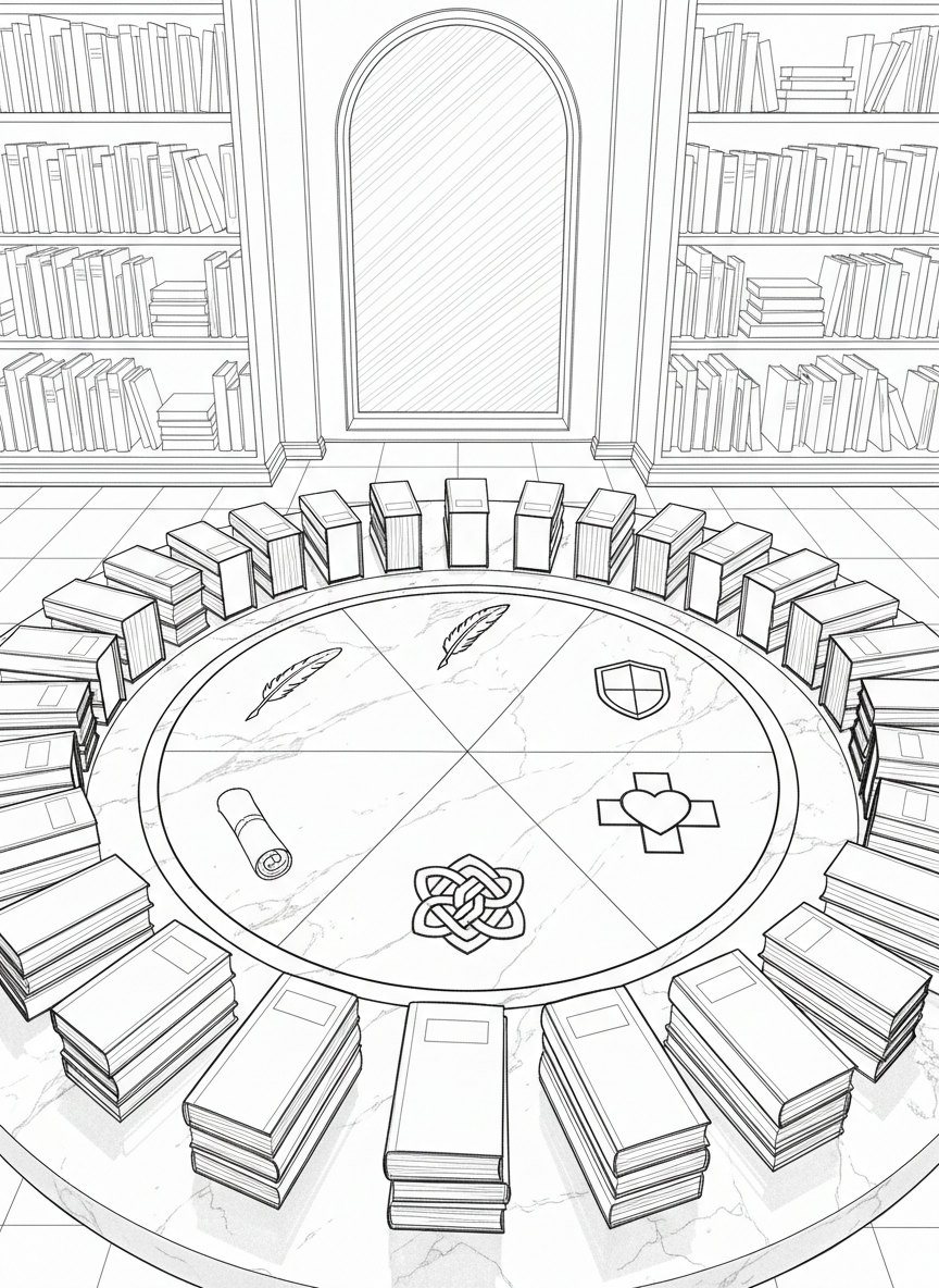 A meticulous line-art drawing of a circular diagram carved into a marble tabletop, divided into five equal sectors labeled only by symbolic motifs: a feathered quill for liberty, a shield for law, a heart within a cross for health, intertwined geometric knots for sexuality, and a parchment scroll for masculinism history. Around the circle, neatly stacked closed encyclopaedia volumes form a subtle ring. The environment is an abstract study chamber indicated by rectilinear shelves and a distant arched window outlined in thin strokes. Soft, diffuse daylight appears through the window as parallel hatching lines, casting gentle, orderly shadows. The composition uses a slightly elevated perspective emphasizing the diagram’s symmetry, with crisp, controlled line-art conveying a serious, methodical, and unbiased research atmosphere.