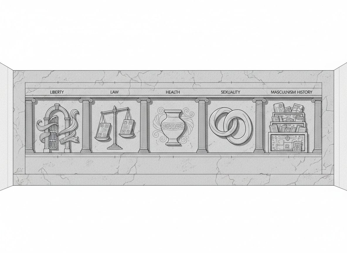 A sophisticated line-art illustration of a long, horizontal frieze carved into stone, depicting abstract symbolic scenes for each of the five DEM. Each panel is separated by slim columns and avoids any human figures, using instead stylized objects: an open gate for liberty, a balanced tablet for law, a protective vessel for health, interlocking rings for sexuality, and a layered archive chest for masculinism history. Above and below the frieze, thin guide lines and measurement ticks suggest scholarly analysis of historical narratives. The environment is only hinted at by a clean floor line and the outline of a museum wall. Soft, even gallery lighting is suggested with gentle shadow hatching beneath the carvings. The composition is panoramic, captured straight-on, evoking an erudite, museum-catalogue atmosphere appropriate for critical, non-partisan study.