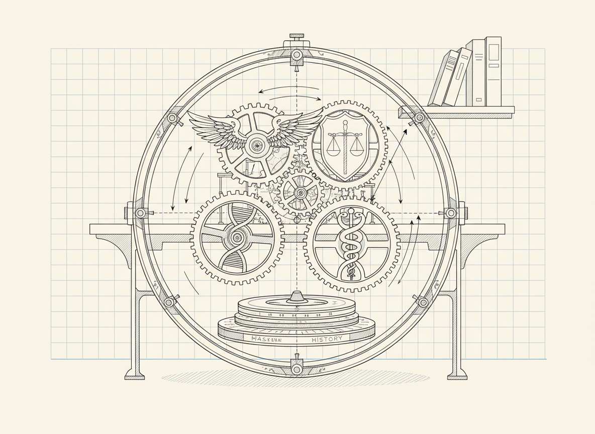 A precise line-art cross-section of an imagined “mechanism of debate,” rendered as a large, transparent clockwork device mounted on a simple table. Inside the round casing, five interlocking gears are distinctly styled: a winged gear for liberty, a shield-shaped gear for law, a caduceus-etched gear for health, a double-helix gear for sexuality, and a layered disc gear for masculinism history. Thin arrows and connecting rods show how turning one affects the others, suggesting analytical comparison rather than conflict. The setting is a bare, schematic workspace with only a faint grid and a few outlined reference books in the background. Lighting is implied through selective bold lines and delicate cross-hatching under the device, creating a clear, orderly, and reflective atmosphere, with a centered, eye-level composition emphasizing intellectual neutrality and precision.