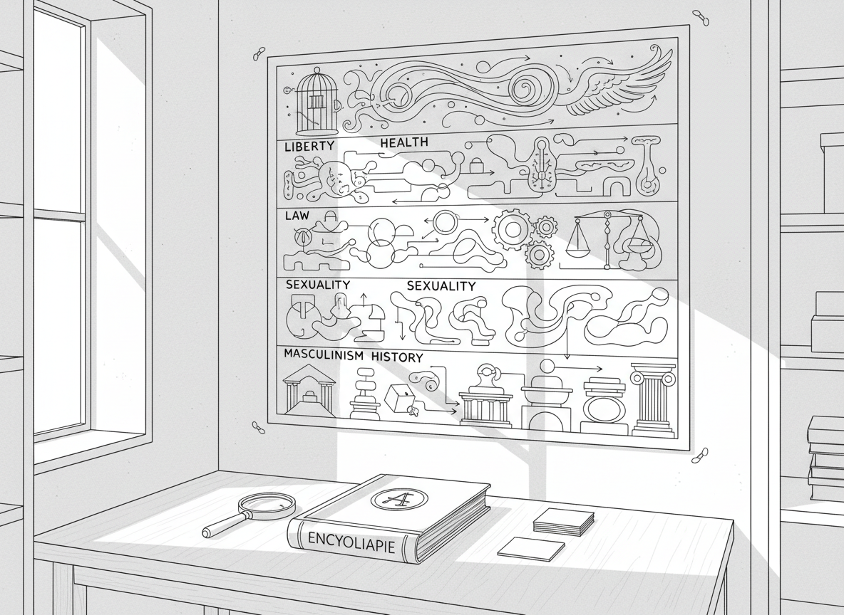 A detailed line-art drawing of a minimalist workspace dominated by a large, flat analytical chart pinned to the wall. The chart is divided into five horizontal bands, each filled with different abstract patterns representing liberty, health, law, sexuality, and masculinism history, connected by fine linking lines and neutral arrows. On the desk below sits a closed, thick encyclopaedia with a simple emblem on its spine, flanked by a magnifying lens and tidy stacks of blank index cards. The surrounding room is defined by sparse shelving and a single tall rectangular window, all rendered in clean, controlled lines. Soft, indirect daylight is suggested by diagonal hatching on the desktop, creating a composed, reflective atmosphere. Shot from a slightly elevated angle to show both desk and chart, the image conveys quiet, rigorous intellectual inquiry.