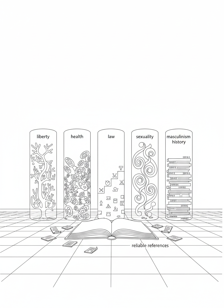 A balanced line-art image of five vertical, semi-transparent pillars rising from a flat plane, each pillar filled with unique internal structures: branching pathways for liberty, cellular lattice for health, codified steps for law, interwoven spirals for sexuality, and stacked layers of dates for masculinism history. At the base, an open reference volume lies horizontally, its spine aligned with the pillars, suggesting that these concepts emerge from careful study of sources. Surrounding the base are small abstract tokens representing reliable references, like tiny outlined codices and scrolls. The background is nearly empty, defined by a single horizon line and a faint grid, evoking an academic diagram. Even, neutral lighting and clean, continuous line-art produce a calm, evaluative mood. The composition uses rule of thirds, with the pillars offset to one side to imply ongoing inquiry.